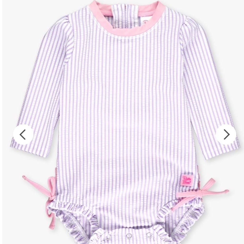 RuffleButts seersucker long sleeve rash guard toddler girls lavender pink 3t